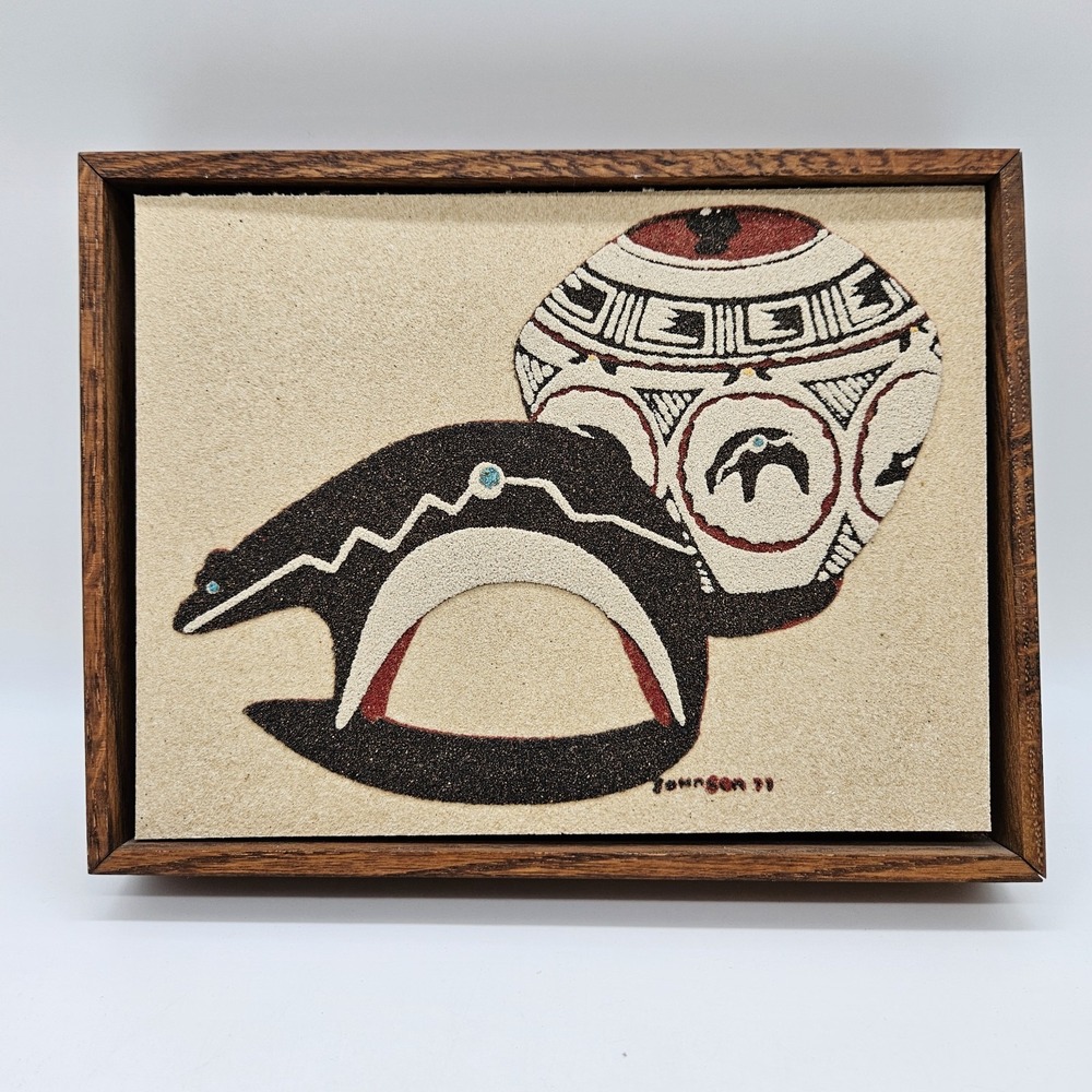 VTG Sand Painting Bear Pueblo Pottery Framed Art Rainbow Way LTD NM Signed 8x6